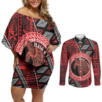 Personalised Tonga Language Week Couples Matching Off Shoulder Short Dress and Long Sleeve Button Shirt Heilala Turtle Malo E Lelei