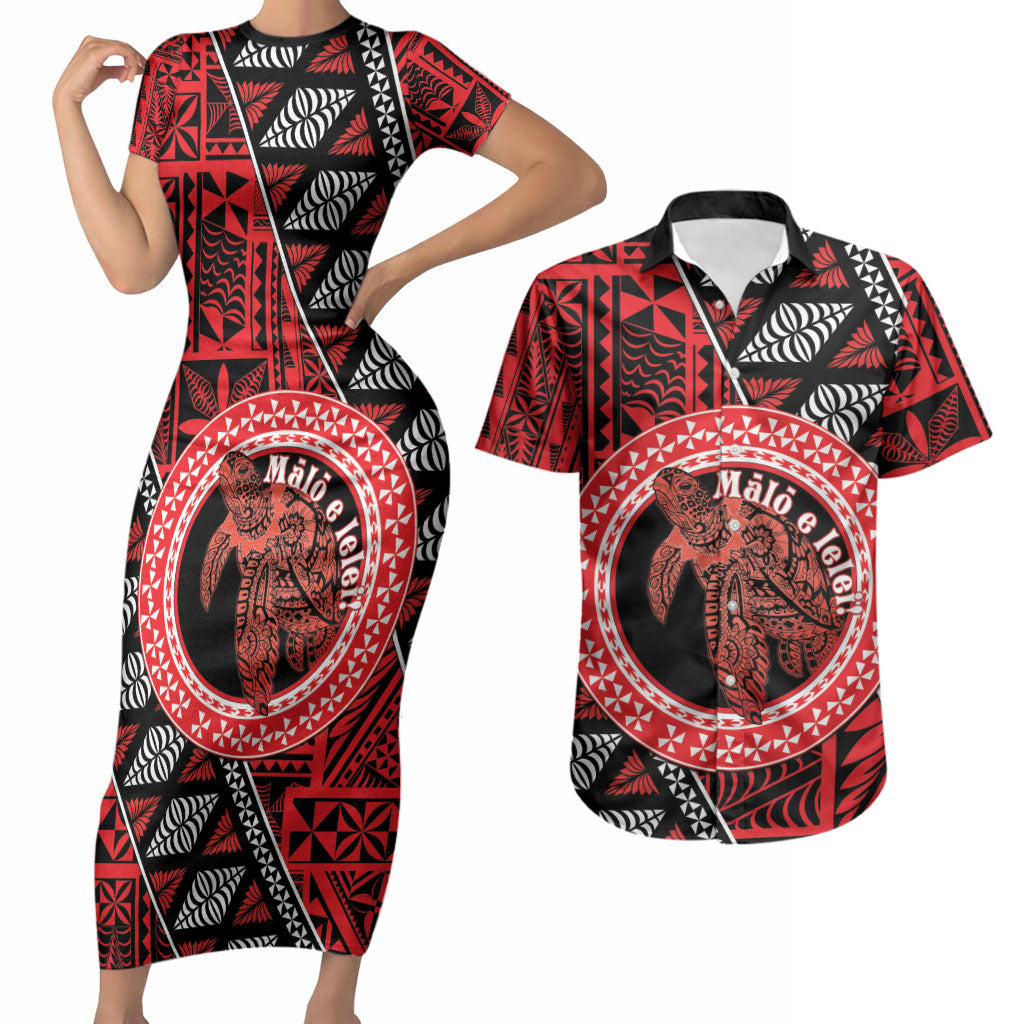 Personalised Tonga Language Week Couples Matching Short Sleeve Bodycon Dress and Hawaiian Shirt Heilala Turtle Malo E Lelei