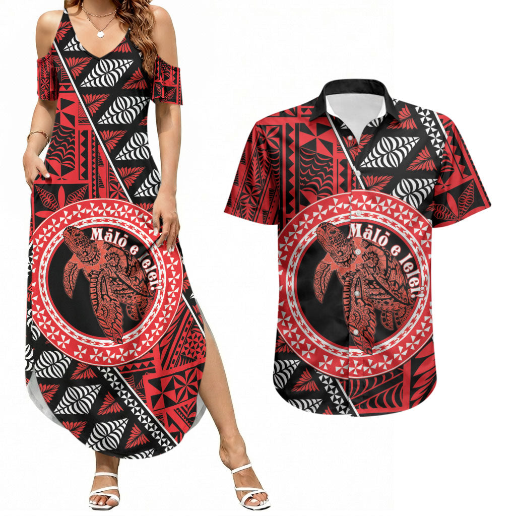 Personalised Tonga Language Week Couples Matching Summer Maxi Dress and Hawaiian Shirt Heilala Turtle Malo E Lelei LT22 Red - Polynesian Pride
