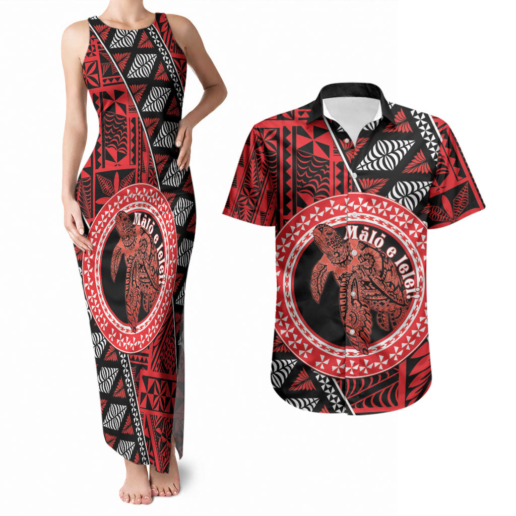 Personalised Tonga Language Week Couples Matching Tank Maxi Dress and Hawaiian Shirt Heilala Turtle Malo E Lelei LT22 Red - Polynesian Pride