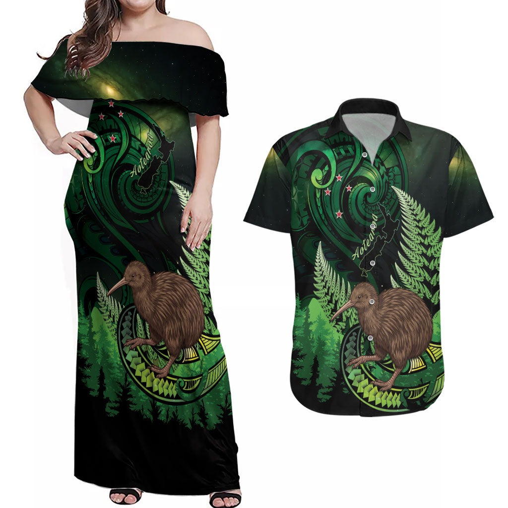 Kiwi New Zealand Personalised Couples Matching Off Shoulder Maxi Dress and Hawaiian Shirt Aotearoa Map Silver Fern Koru Pattern