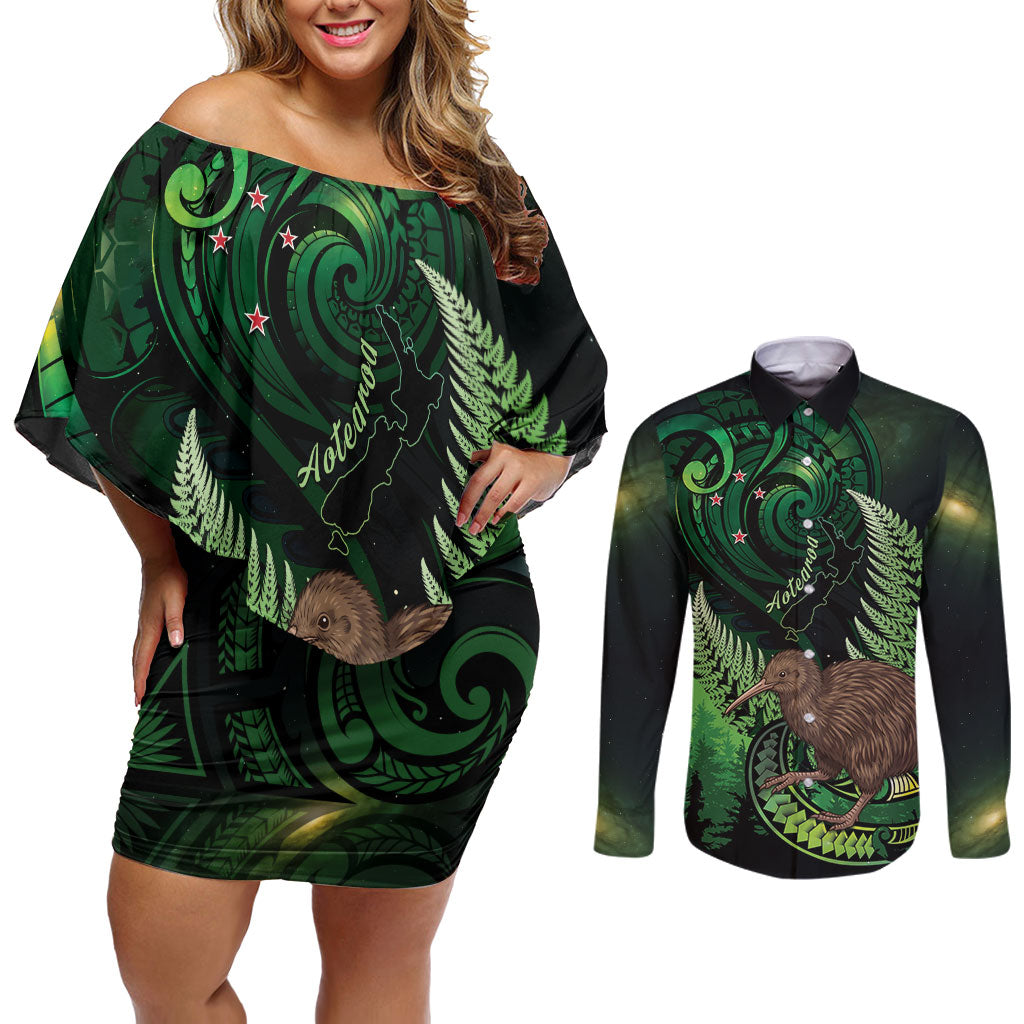 Kiwi New Zealand Personalised Couples Matching Off Shoulder Short Dress and Long Sleeve Button Shirt Aotearoa Map Silver Fern Koru Pattern LT22 Green - Polynesian Pride