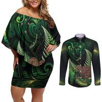 Kiwi New Zealand Personalised Couples Matching Off Shoulder Short Dress and Long Sleeve Button Shirt Aotearoa Map Silver Fern Koru Pattern LT22 Green - Polynesian Pride