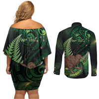 Kiwi New Zealand Personalised Couples Matching Off Shoulder Short Dress and Long Sleeve Button Shirt Aotearoa Map Silver Fern Koru Pattern LT22 - Polynesian Pride
