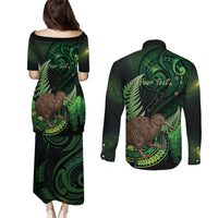 Kiwi New Zealand Personalised Couples Matching Puletasi and Long Sleeve Button Shirt Aotearoa Map Silver Fern Koru Pattern