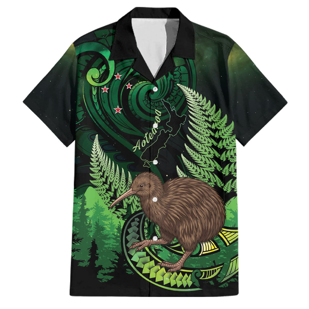 Kiwi New Zealand Personalised Family Matching Long Sleeve Bodycon Dress and Hawaiian Shirt Aotearoa Map Silver Fern Koru Pattern LT22 Dad's Shirt - Short Sleeve Green - Polynesian Pride