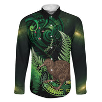 Kiwi New Zealand Personalised Family Matching Long Sleeve Bodycon Dress and Hawaiian Shirt Aotearoa Map Silver Fern Koru Pattern LT22 Dad's Shirt - Long Sleeve Green - Polynesian Pride