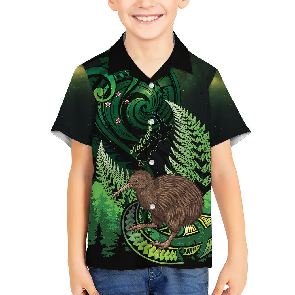 Kiwi New Zealand Personalised Family Matching Off The Shoulder Long Sleeve Dress and Hawaiian Shirt Aotearoa Map Silver Fern Koru Pattern LT22 Son's Shirt Green - Polynesian Pride
