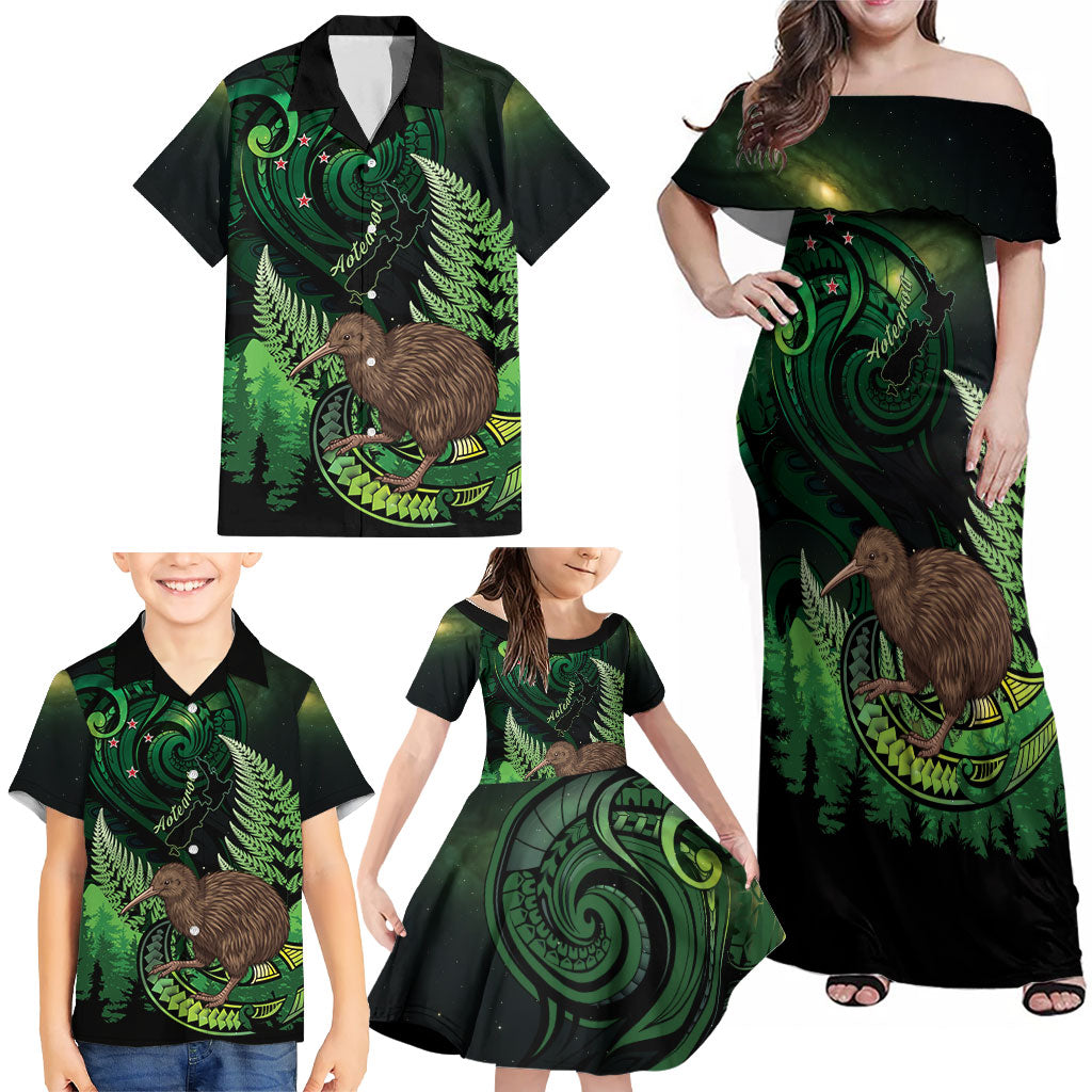 Kiwi New Zealand Personalised Family Matching Off Shoulder Maxi Dress and Hawaiian Shirt Aotearoa Map Silver Fern Koru Pattern LT22 - Polynesian Pride