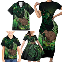 Kiwi New Zealand Personalised Family Matching Short Sleeve Bodycon Dress and Hawaiian Shirt Aotearoa Map Silver Fern Koru Pattern LT22 - Polynesian Pride