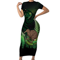 Kiwi New Zealand Personalised Family Matching Short Sleeve Bodycon Dress and Hawaiian Shirt Aotearoa Map Silver Fern Koru Pattern LT22 Mom's Dress Green - Polynesian Pride