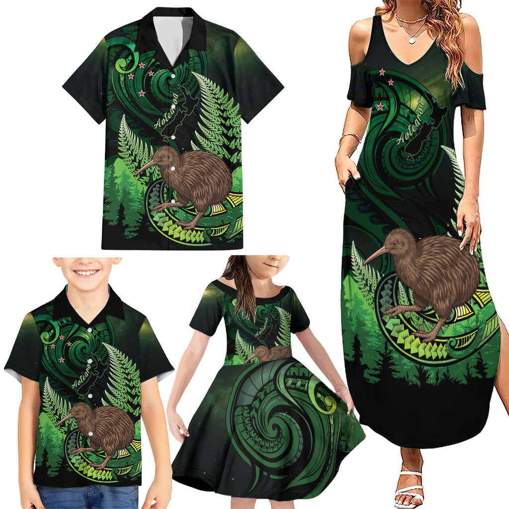 Kiwi New Zealand Personalised Family Matching Summer Maxi Dress and Hawaiian Shirt Aotearoa Map Silver Fern Koru Pattern LT22 - Polynesian Pride