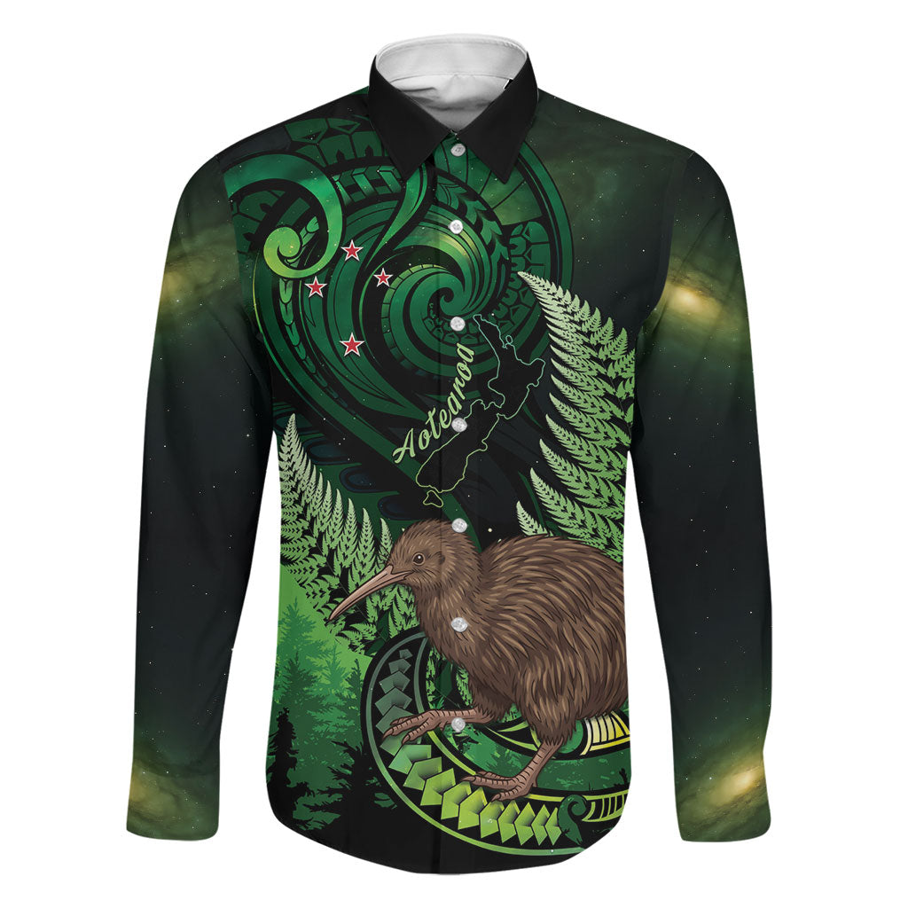 Kiwi New Zealand Personalised Family Matching Summer Maxi Dress and Hawaiian Shirt Aotearoa Map Silver Fern Koru Pattern LT22 Dad's Shirt - Long Sleeve Green - Polynesian Pride