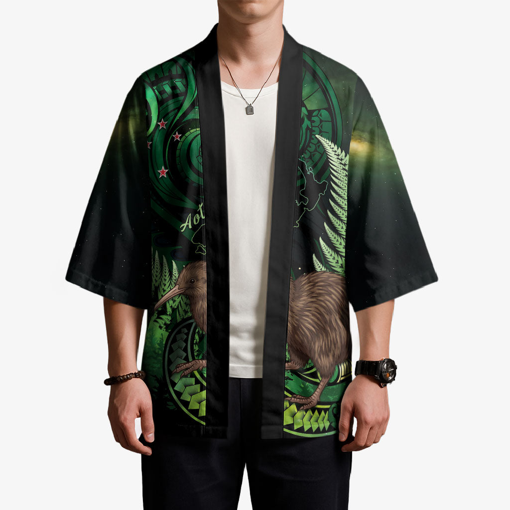 Kiwi New Zealand Personalised Kimono Aotearoa Map Silver Fern Koru Pattern