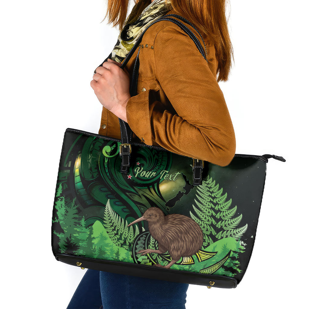 Kiwi New Zealand Personalised Leather Tote Bag Aotearoa Map Silver Fern Koru Pattern LT22 Green - Polynesian Pride