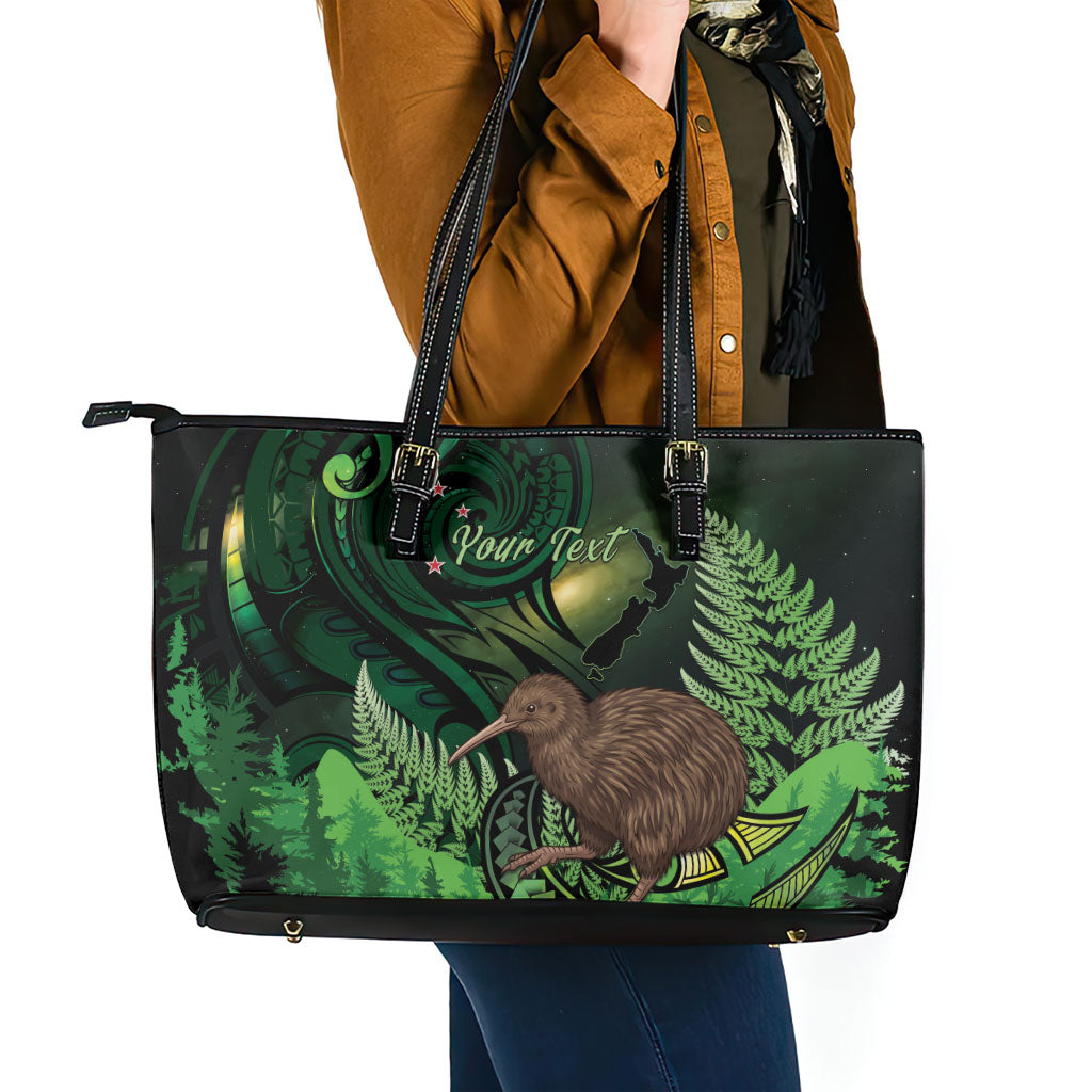 Kiwi New Zealand Personalised Leather Tote Bag Aotearoa Map Silver Fern Koru Pattern LT22 - Polynesian Pride