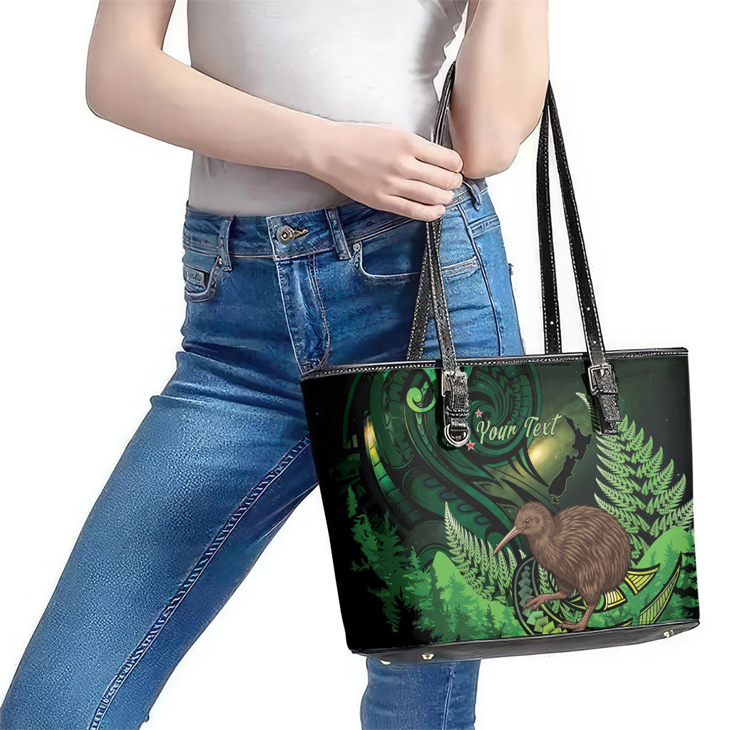 Kiwi New Zealand Personalised Leather Tote Bag Aotearoa Map Silver Fern Koru Pattern LT22 - Polynesian Pride