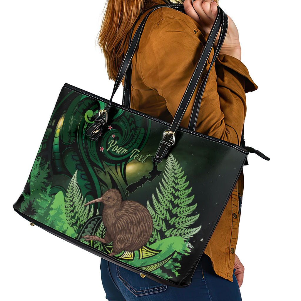 Kiwi New Zealand Personalised Leather Tote Bag Aotearoa Map Silver Fern Koru Pattern LT22 - Polynesian Pride