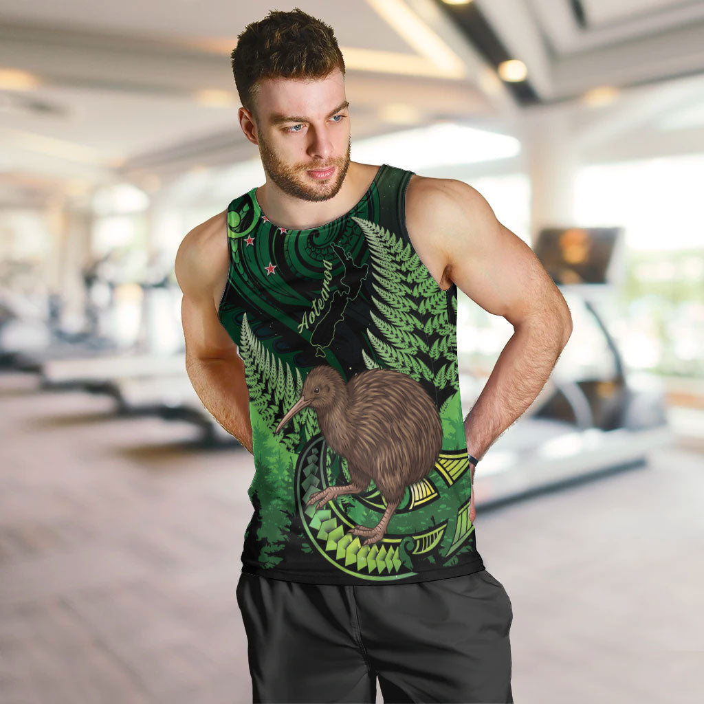 Kiwi New Zealand Personalised Men Tank Top Aotearoa Map Silver Fern Koru Pattern