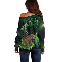 Kiwi New Zealand Personalised Off Shoulder Sweater Aotearoa Map Silver Fern Koru Pattern