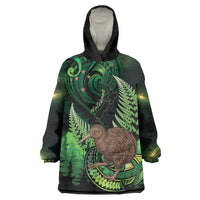 Kiwi New Zealand Personalised Wearable Blanket Hoodie Aotearoa Map Silver Fern Koru Pattern LT22 One Size Green - Polynesian Pride