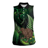 Kiwi New Zealand Personalised Women Sleeveless Polo Shirt Aotearoa Map Silver Fern Koru Pattern