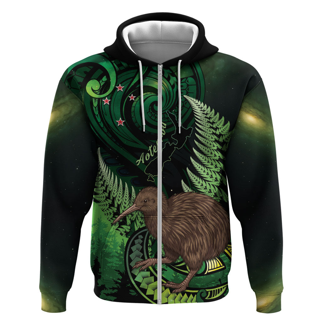 Kiwi New Zealand Personalised Zip Hoodie Aotearoa Map Silver Fern Koru Pattern
