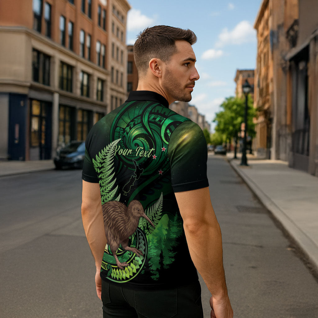 Kiwi New Zealand Personalised Zipper Polo Shirt Aotearoa Map Silver Fern Koru Pattern