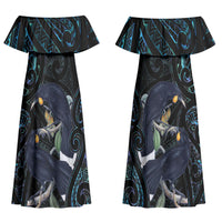 New Zealand Huia Bird Couples Matching Off Shoulder Maxi Dress and Hawaiian Shirt Paua Shell Maori Pattern LT22 - Polynesian Pride