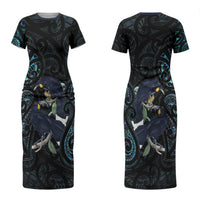 New Zealand Huia Bird Couples Matching Short Sleeve Bodycon Dress and Hawaiian Shirt Paua Shell Maori Pattern LT22 - Polynesian Pride