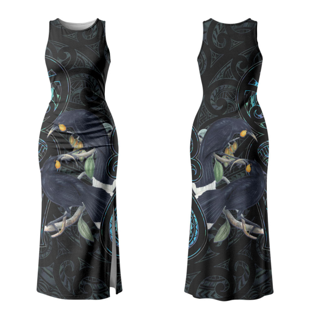 New Zealand Huia Bird Couples Matching Tank Maxi Dress and Long Sleeve Button Shirt Paua Shell Maori Pattern LT22 - Polynesian Pride