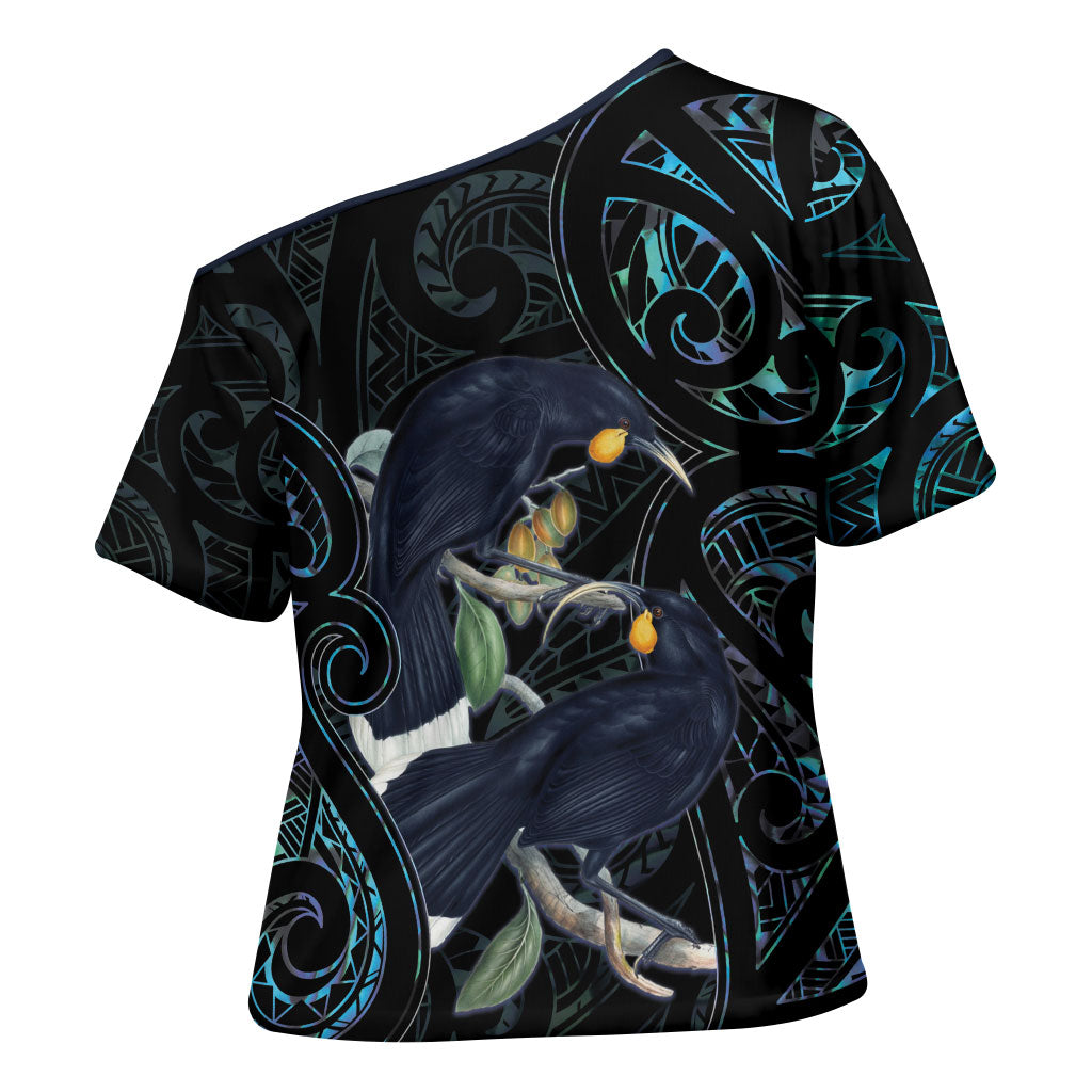 New Zealand Huia Bird Cross Shoulder Shirt Paua Shell Maori Pattern