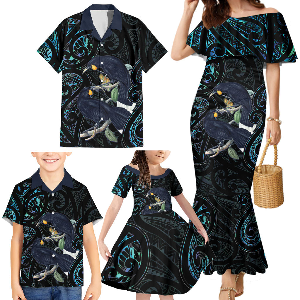 New Zealand Huia Bird Family Matching Mermaid Dress and Hawaiian Shirt Paua Shell Maori Pattern LT22 - Polynesian Pride