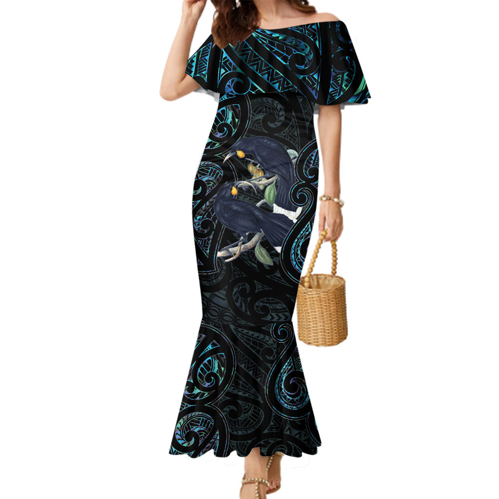 New Zealand Huia Bird Family Matching Mermaid Dress and Hawaiian Shirt Paua Shell Maori Pattern LT22 Mom's Dress Black - Polynesian Pride