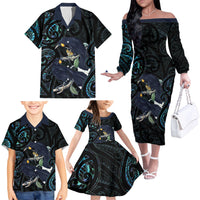 New Zealand Huia Bird Family Matching Off The Shoulder Long Sleeve Dress and Hawaiian Shirt Paua Shell Maori Pattern LT22 - Polynesian Pride