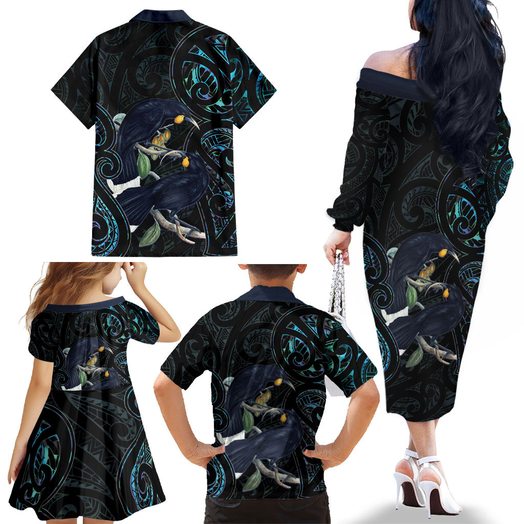 New Zealand Huia Bird Family Matching Off The Shoulder Long Sleeve Dress and Hawaiian Shirt Paua Shell Maori Pattern LT22 - Polynesian Pride