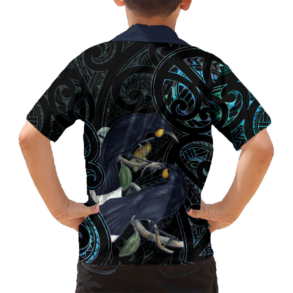 New Zealand Huia Bird Family Matching Off Shoulder Maxi Dress and Hawaiian Shirt Paua Shell Maori Pattern LT22 - Polynesian Pride