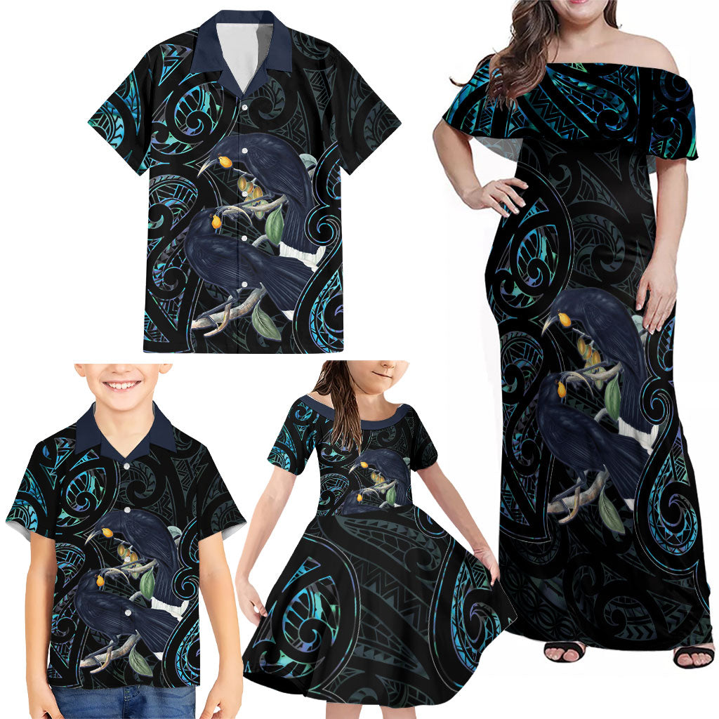 New Zealand Huia Bird Family Matching Off Shoulder Maxi Dress and Hawaiian Shirt Paua Shell Maori Pattern LT22 - Polynesian Pride