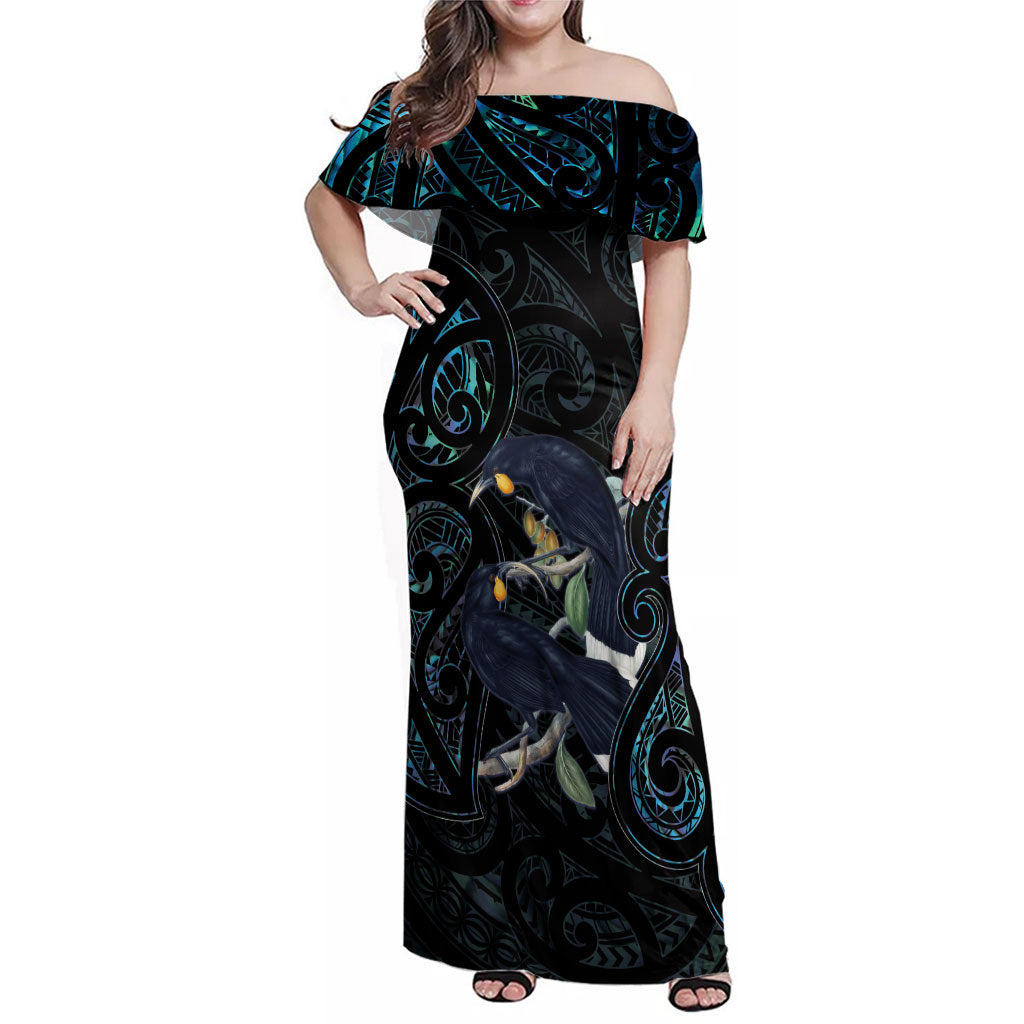 New Zealand Huia Bird Family Matching Off Shoulder Maxi Dress and Hawaiian Shirt Paua Shell Maori Pattern LT22 Mom's Dress Black - Polynesian Pride