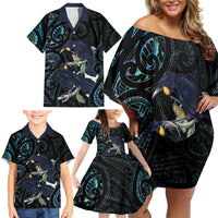 New Zealand Huia Bird Family Matching Off Shoulder Short Dress and Hawaiian Shirt Paua Shell Maori Pattern LT22 - Polynesian Pride