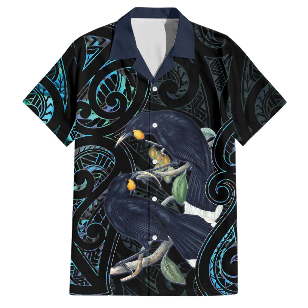 New Zealand Huia Bird Family Matching Off Shoulder Short Dress and Hawaiian Shirt Paua Shell Maori Pattern LT22 Dad's Shirt - Short Sleeve Black - Polynesian Pride