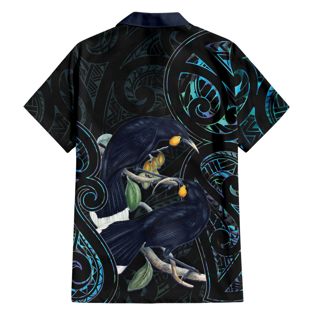New Zealand Huia Bird Family Matching Off Shoulder Short Dress and Hawaiian Shirt Paua Shell Maori Pattern LT22 - Polynesian Pride