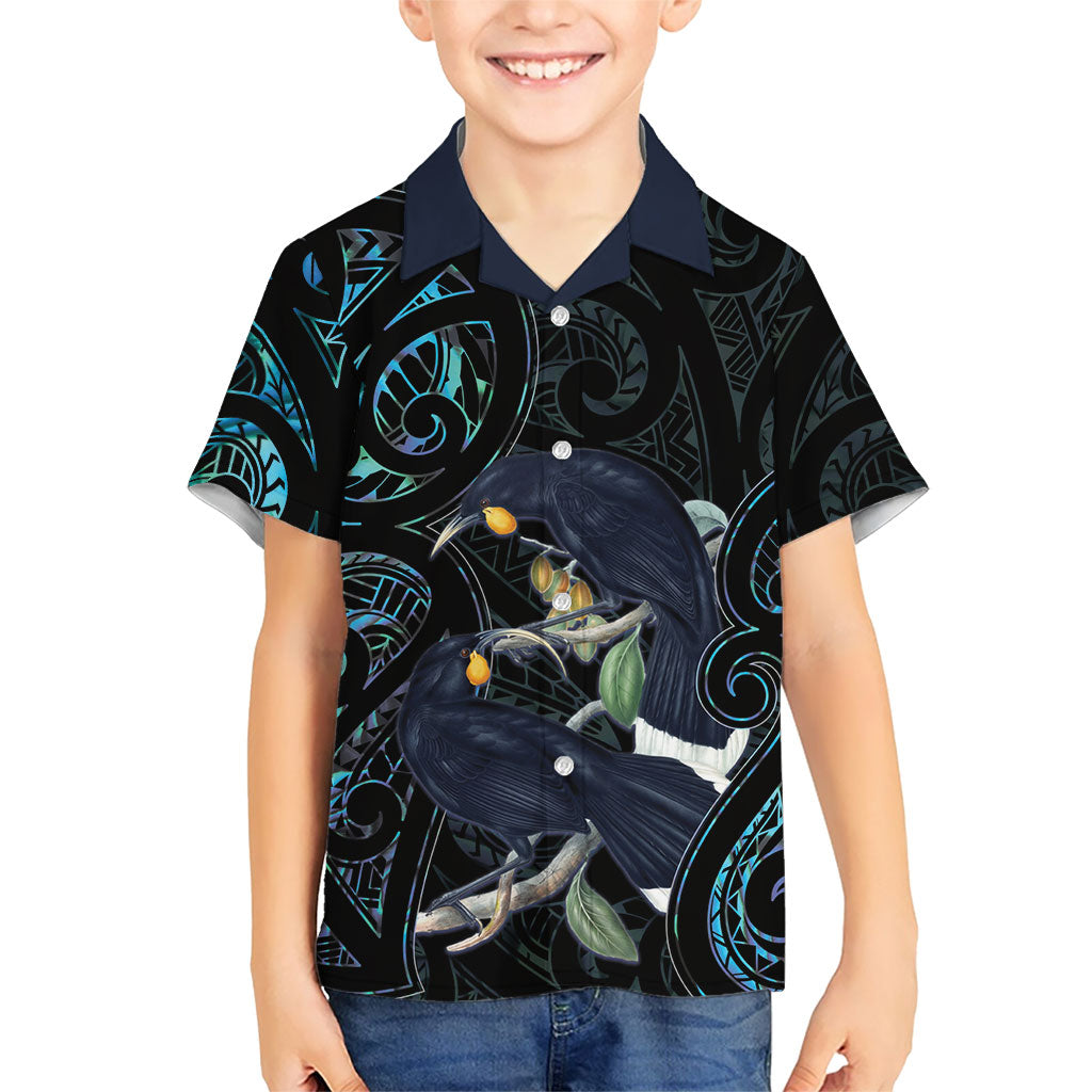 New Zealand Huia Bird Family Matching Off Shoulder Short Dress and Hawaiian Shirt Paua Shell Maori Pattern LT22 Son's Shirt Black - Polynesian Pride
