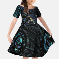New Zealand Huia Bird Family Matching Summer Maxi Dress and Hawaiian Shirt Paua Shell Maori Pattern LT22 Daughter's Dress Black - Polynesian Pride