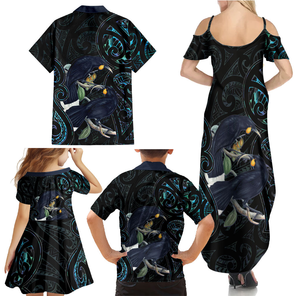 New Zealand Huia Bird Family Matching Summer Maxi Dress and Hawaiian Shirt Paua Shell Maori Pattern LT22 - Polynesian Pride