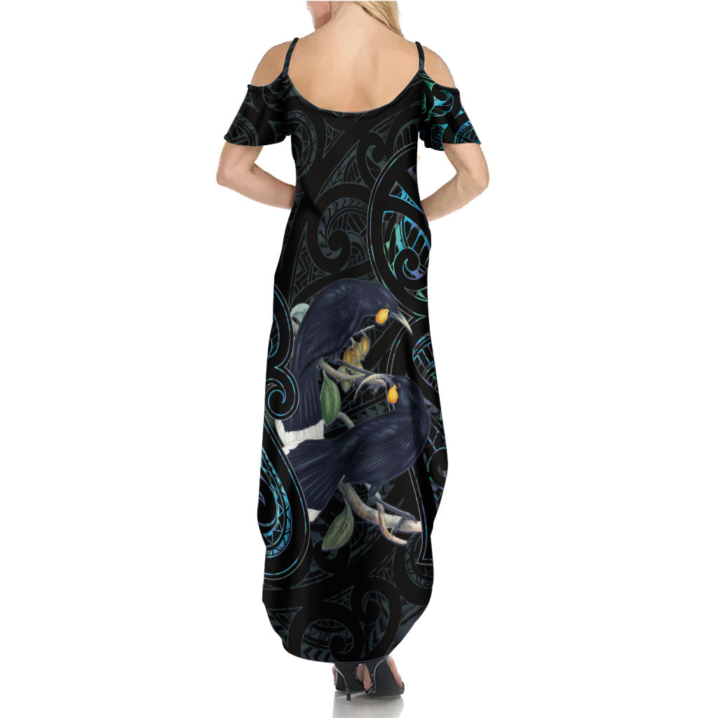New Zealand Huia Bird Family Matching Summer Maxi Dress and Hawaiian Shirt Paua Shell Maori Pattern LT22 - Polynesian Pride