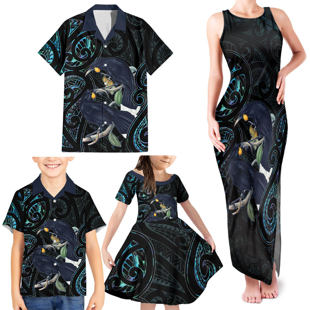 New Zealand Huia Bird Family Matching Tank Maxi Dress and Hawaiian Shirt Paua Shell Maori Pattern LT22 - Polynesian Pride