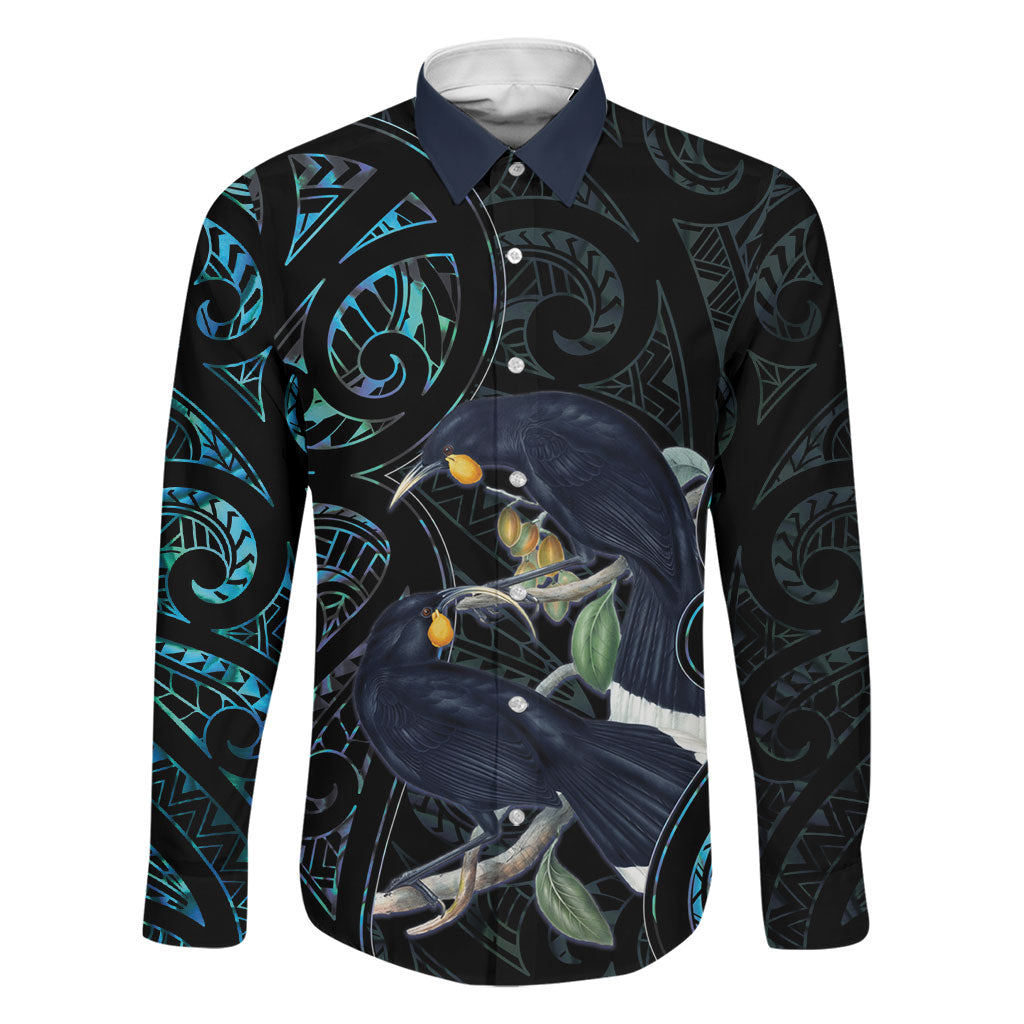 New Zealand Huia Bird Family Matching Tank Maxi Dress and Hawaiian Shirt Paua Shell Maori Pattern LT22 Dad's Shirt - Long Sleeve Black - Polynesian Pride