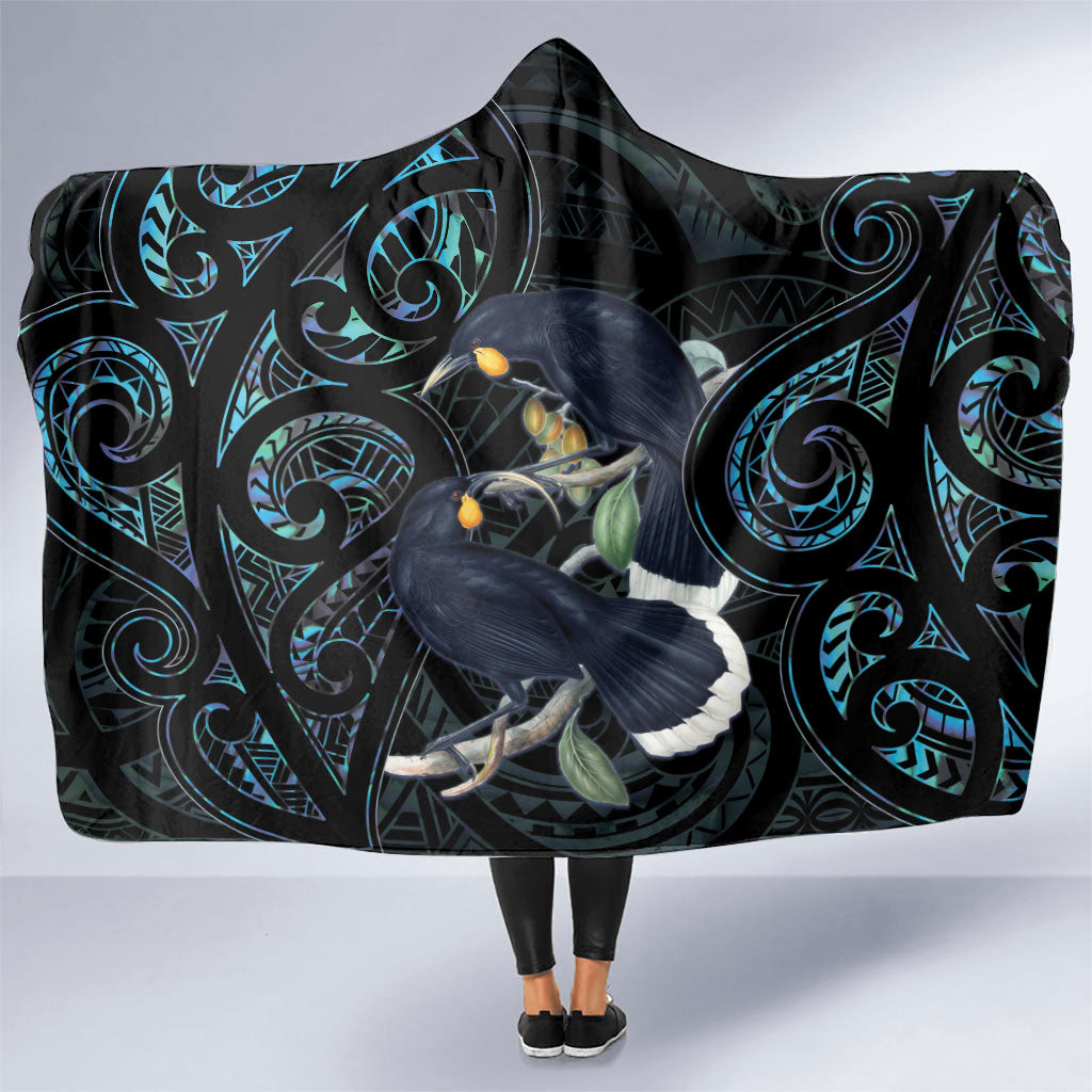 New Zealand Huia Bird Hooded Blanket Paua Shell Maori Pattern
