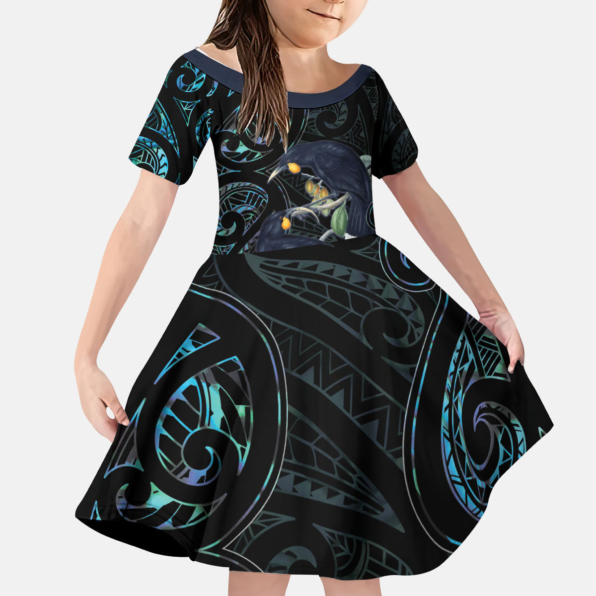 New Zealand Huia Bird Kid Short Sleeve Dress Paua Shell Maori Pattern